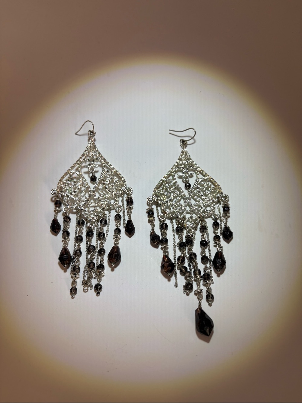 Silver Filigree Chandelier Earrings with Black Beads
